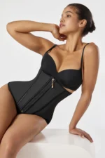 Women’s Zip-Up Latex Body Shaper Camisole – Waist & Abdominal Sculpting Tank (Black/Khaki) - Image 6