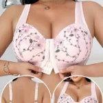 Plus Size Floral Embroidered Wireless Bra – Front Closure with Lift Support