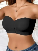 Black Strapless Front-Closure Bra – Wavy Edge with Removable Padding