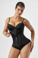 Women’s Zip-Up Latex Body Shaper Camisole – Waist & Abdominal Sculpting Tank (Black/Khaki) - Image 4