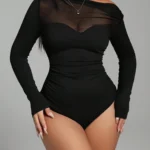 Women’s Black Asymmetric Mesh Bodysuit – Ruched & Patchwork