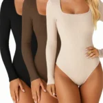 BWQ Summer & Fall Square Collar Bodysuit – Long Sleeve Tight Fit for Inner or Outer Wear, 3 Colors
